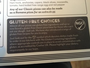 Gluten free menu at Pizza Express
